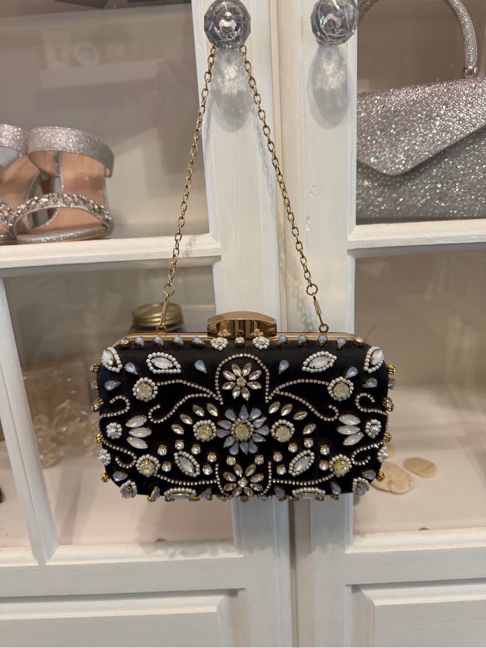 Embellished Black Evening Clutch with Chain